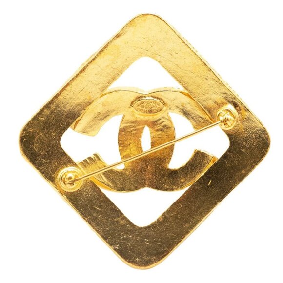 CHANEL CC Logo Rhombus Vintage Brooch Gold Tone Pin 94A Auth - Picture 3 of 5
